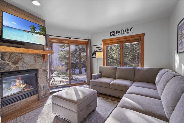 living room featuring light hardwood / wood-style flooring and a stone fireplace