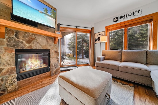 living room featuring hardwood / wood-style flooring and a stone fireplace