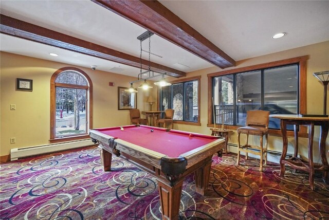 playroom featuring beam ceiling, billiards, and a baseboard heating unit