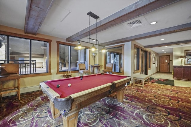 playroom featuring beamed ceiling and billiards