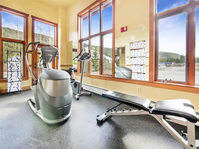 exercise area with baseboard heating and a wealth of natural light