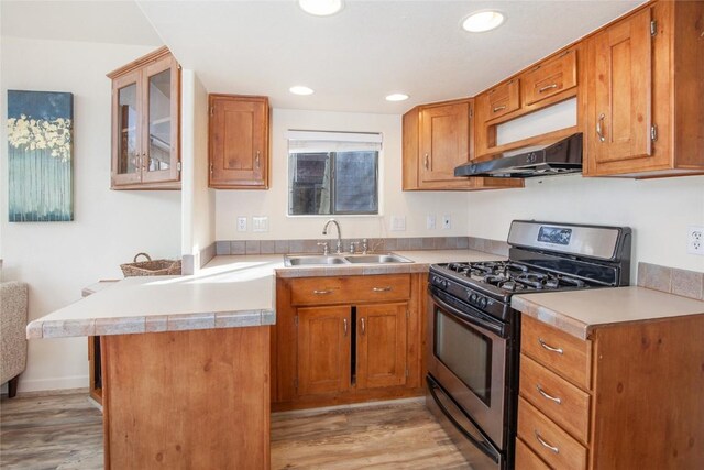 kitchen with light hardwood / wood-style floors, sink, black range with gas cooktop, and exhaust hood