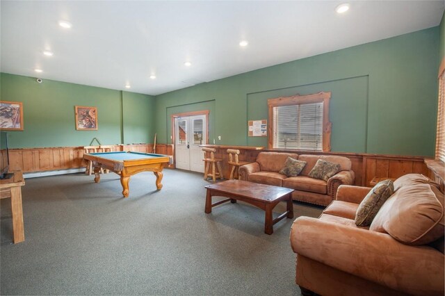 rec room featuring carpet, french doors, baseboard heating, and pool table