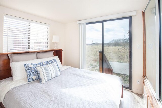 bedroom featuring access to outside, multiple windows, and light hardwood / wood-style floors