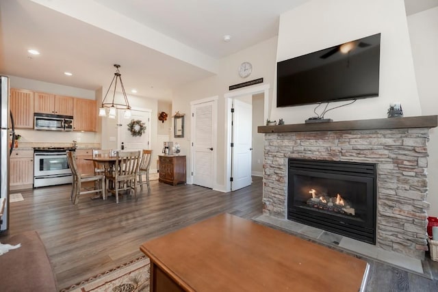 living room with dark hardwood / wood-style flooring and a stone fireplace