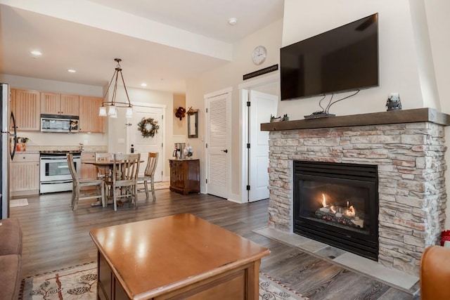 living room featuring dark hardwood / wood-style floors and a stone fireplace