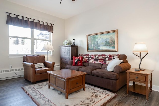 living room with radiator and dark hardwood / wood-style flooring