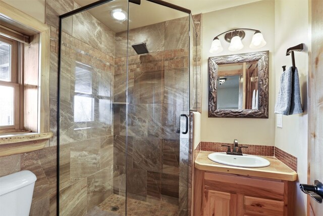 bathroom with vanity, toilet, and walk in shower