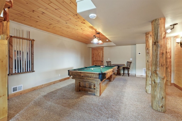 playroom featuring light carpet, wood ceiling, and billiards