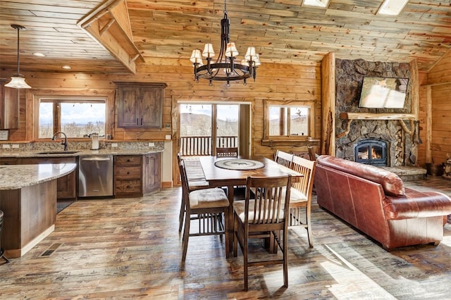 dining room with wood ceiling, a fireplace, a wealth of natural light, and dark wood-type flooring