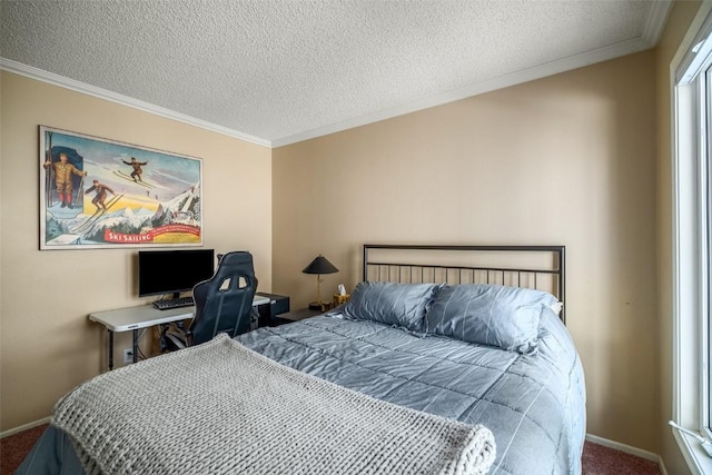 bedroom with carpet flooring, multiple windows, and crown molding