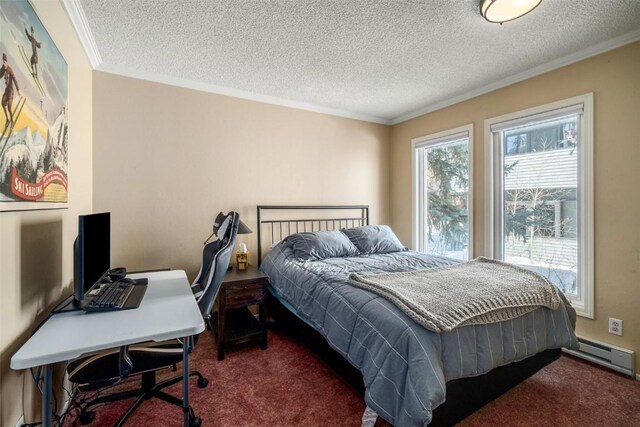 bedroom featuring a baseboard radiator, carpet floors, a textured ceiling, and ornamental molding