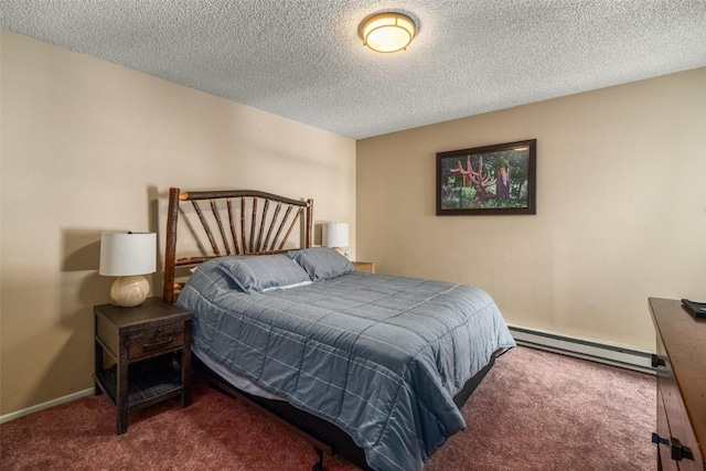 carpeted bedroom with baseboard heating, a textured ceiling, and baseboards