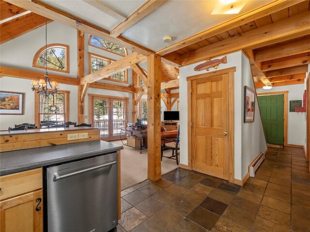 kitchen featuring dishwasher, a baseboard heating unit, an inviting chandelier, french doors, and hanging light fixtures