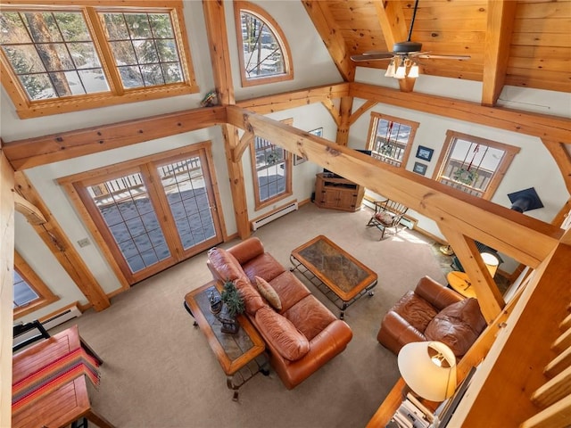 carpeted living room with beamed ceiling, high vaulted ceiling, and a baseboard heating unit