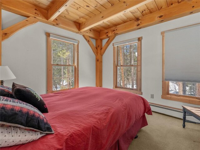 bedroom with beamed ceiling, carpet flooring, wooden ceiling, and a baseboard heating unit