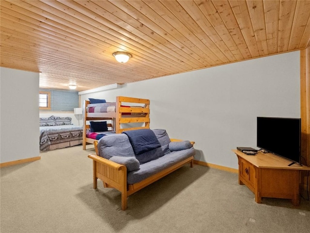 carpeted living room featuring wooden ceiling