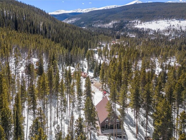 snowy aerial view with a mountain view