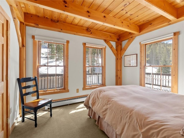 bedroom with beam ceiling, wood ceiling, light carpet, and a baseboard radiator