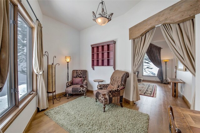 sitting room featuring a notable chandelier, plenty of natural light, and light hardwood / wood-style floors