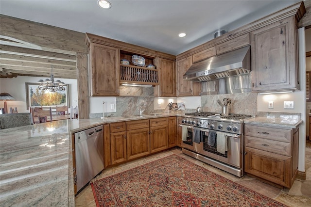 kitchen with wall chimney range hood, sink, tasteful backsplash, beamed ceiling, and stainless steel appliances