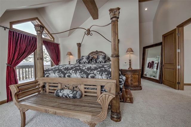 bedroom featuring carpet flooring and vaulted ceiling