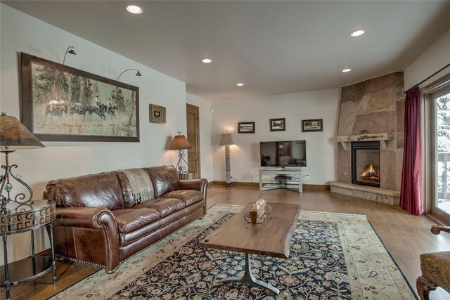 living room featuring a stone fireplace and light wood-type flooring