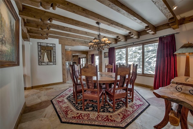 dining area with beamed ceiling and a notable chandelier