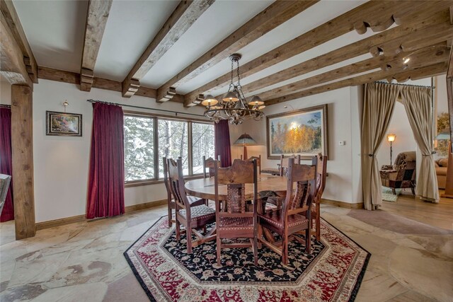 dining room with beamed ceiling and a notable chandelier