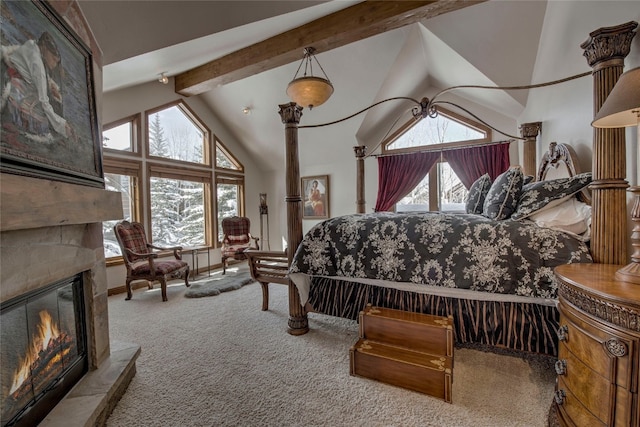 carpeted bedroom with beamed ceiling and high vaulted ceiling