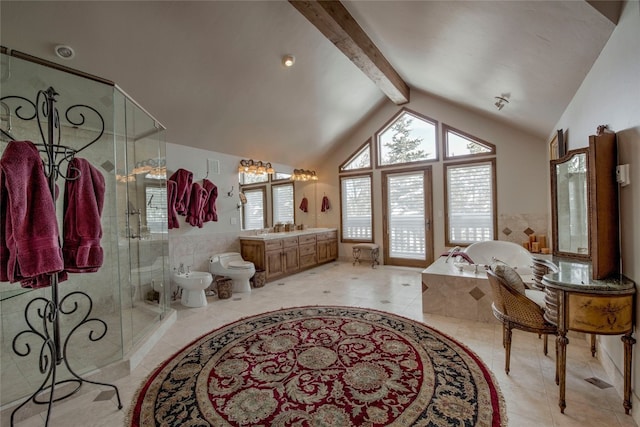 bathroom featuring vanity, a bidet, lofted ceiling with beams, a relaxing tiled tub, and toilet