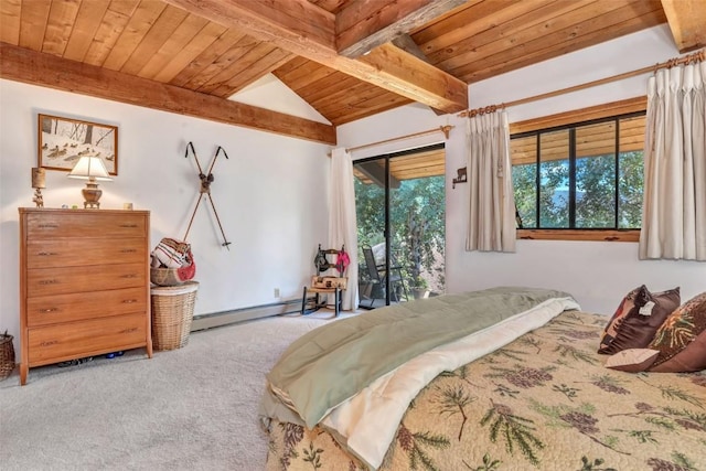 bedroom featuring wood ceiling, baseboard heating, access to exterior, beam ceiling, and carpet floors