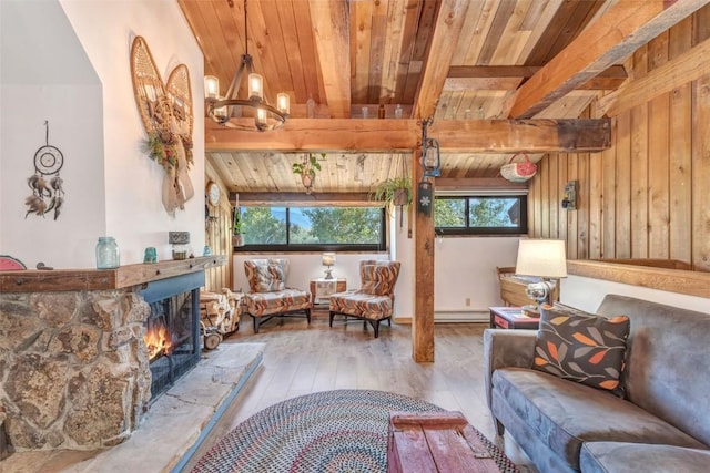 living room with a stone fireplace, hardwood / wood-style flooring, wooden ceiling, a baseboard radiator, and beamed ceiling