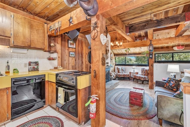 kitchen with dishwasher, decorative backsplash, stove, light tile patterned floors, and wood ceiling