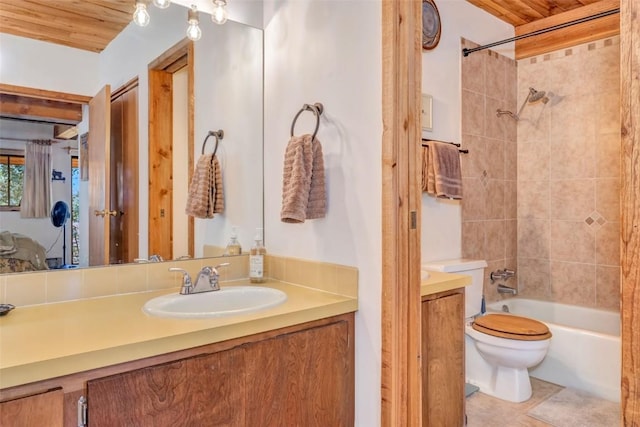 full bathroom featuring vanity, wooden ceiling, tile patterned floors, toilet, and tiled shower / bath