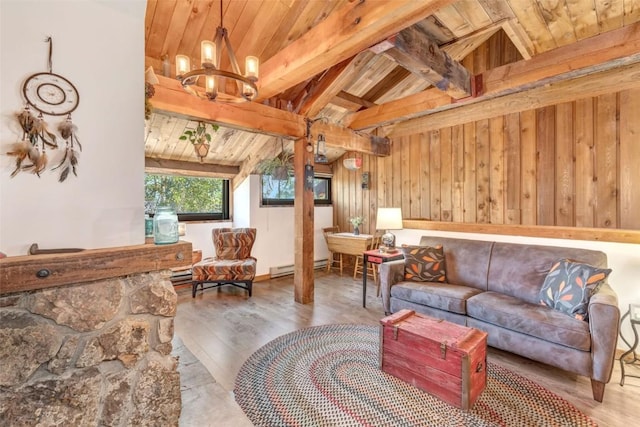 living room with an inviting chandelier, wood-type flooring, lofted ceiling with beams, and wooden ceiling