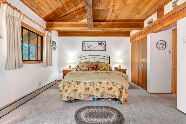 carpeted bedroom with wooden ceiling, beam ceiling, a closet, and a baseboard heating unit