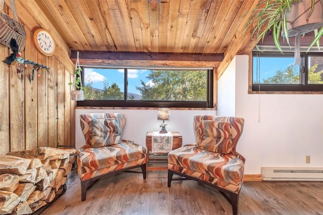 sitting room featuring beamed ceiling, wood-type flooring, wooden ceiling, and baseboard heating