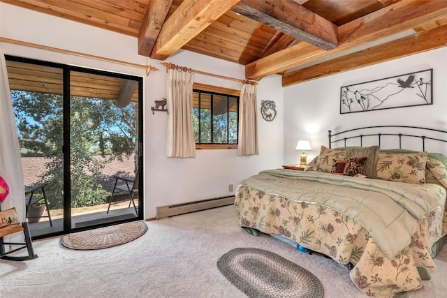 bedroom with baseboard heating, multiple windows, access to exterior, carpet floors, and wooden ceiling