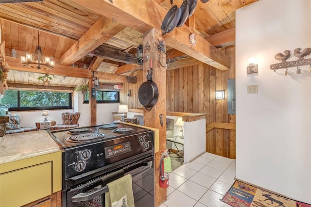 kitchen with black / electric stove, wooden ceiling, beamed ceiling, and light tile patterned flooring