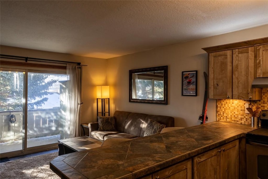 carpeted living room with a textured ceiling