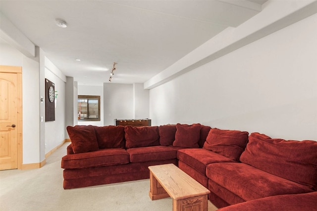 living room with light colored carpet and track lighting