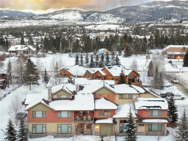 snowy aerial view featuring a mountain view