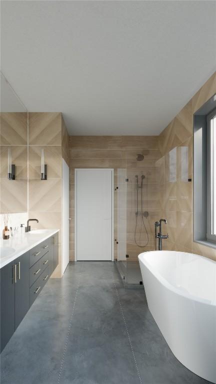 bathroom with vanity, concrete flooring, and plus walk in shower