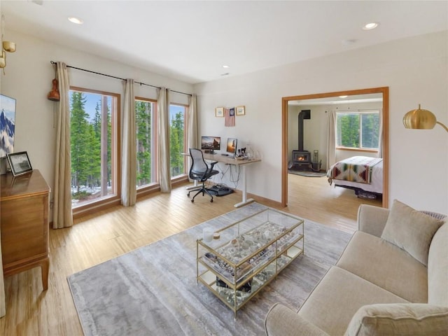 living room with a wood stove, a wealth of natural light, and light hardwood / wood-style flooring