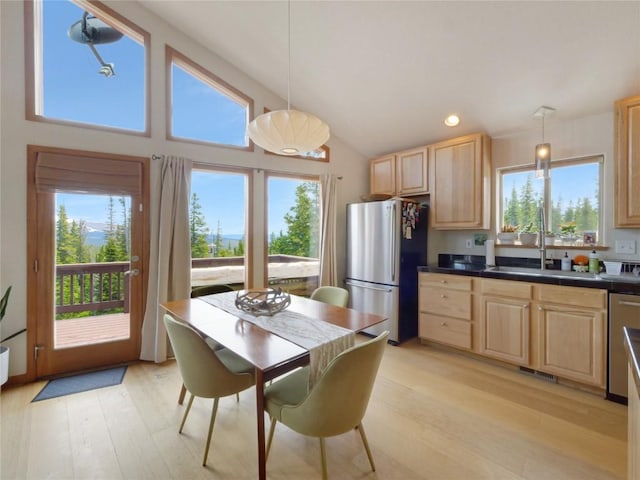 kitchen featuring pendant lighting, light brown cabinets, light wood-type flooring, and stainless steel appliances