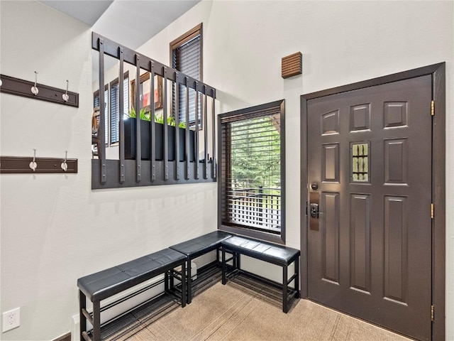 entryway featuring light colored carpet