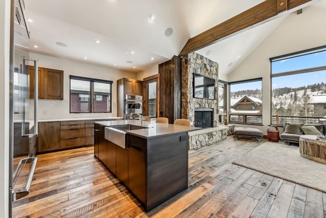 kitchen featuring a stone fireplace, sink, an island with sink, and a healthy amount of sunlight