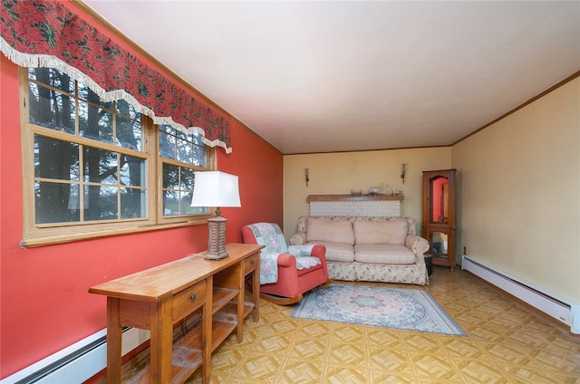 interior space featuring a baseboard heating unit and light parquet flooring