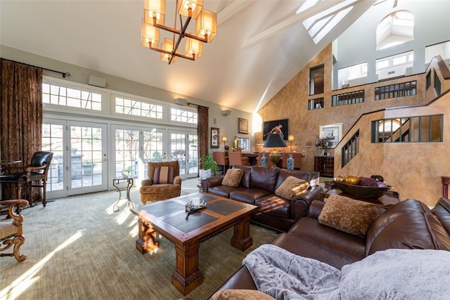 living room featuring french doors, an inviting chandelier, carpet flooring, high vaulted ceiling, and beam ceiling